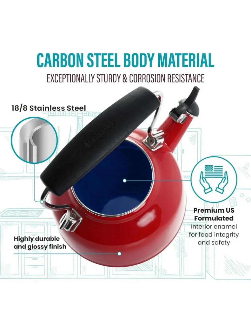 Chili Red Kitchen Whistling Tea kettle 1. 7Quart Enamel Stainless Steel Pot